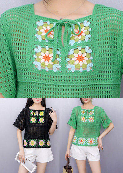 Green Square Collar Tie Lace Knit Top Summer
