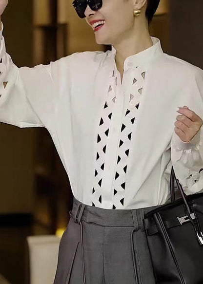 White Stand Collar Hollow Out Cotton Shirt Tops Fall