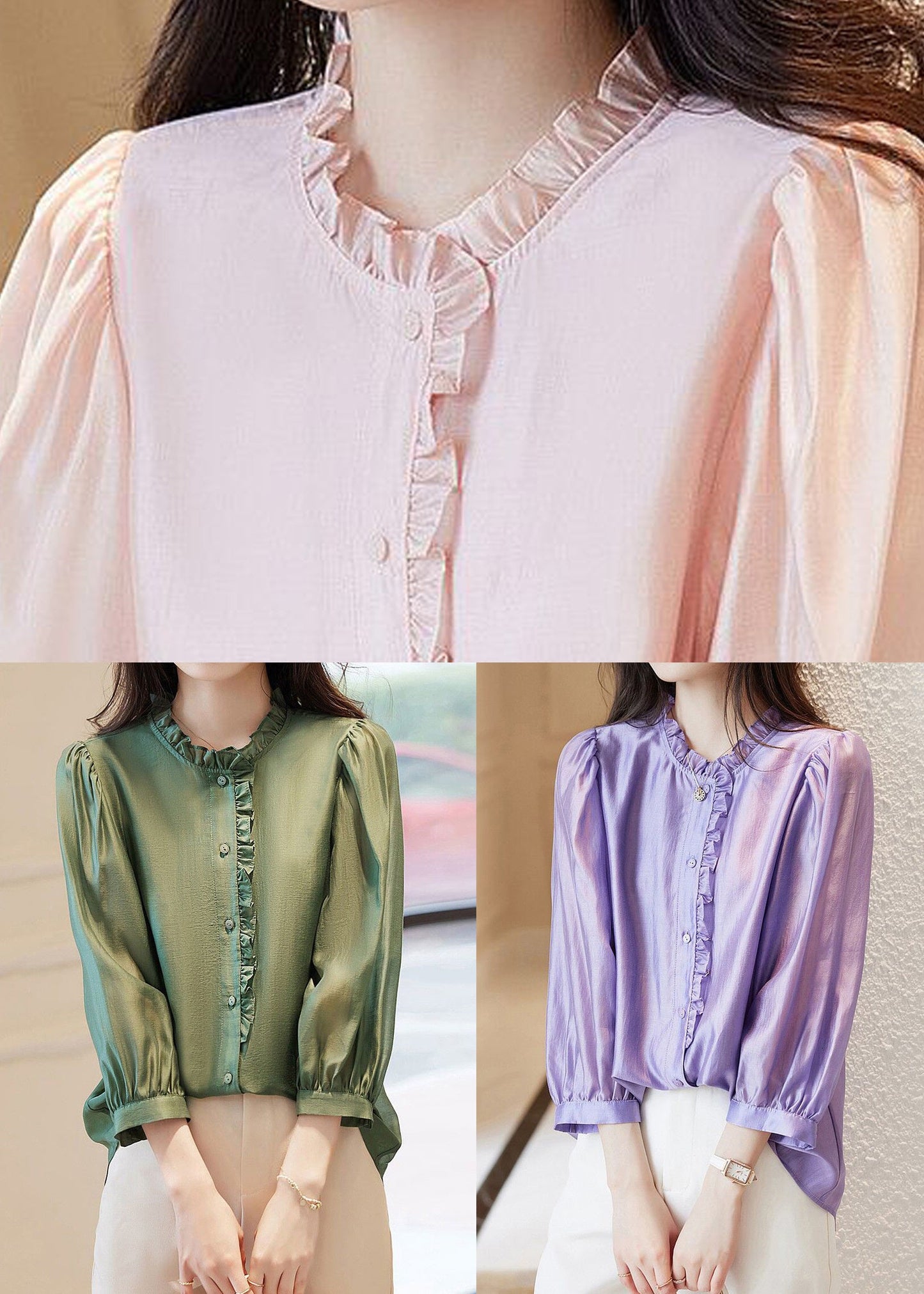 Green Button Chiffon Blouses Ruffled Spring