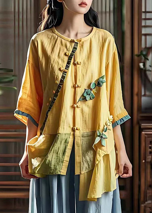 Yellow Asymmetrical Patchwork Wrinkled Linen Shirt Summer