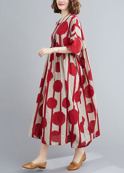 Red Oversized Print Cotton Vacation Dress Summer