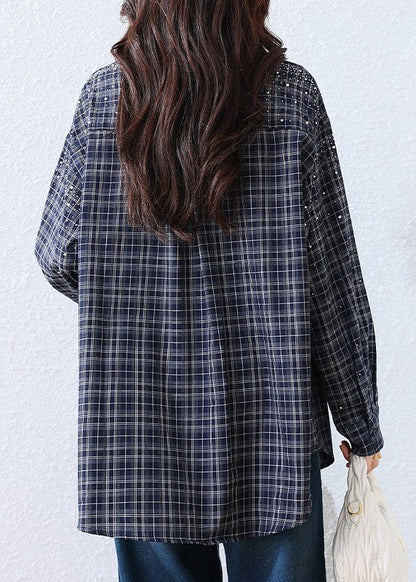 Blue Plaid Rhinestone Cotton Blouse Tops Fall