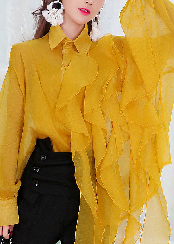 Yellow Peter Pan Collar Asymmetrical Button Chiffon Shirts Lantern Sleeve