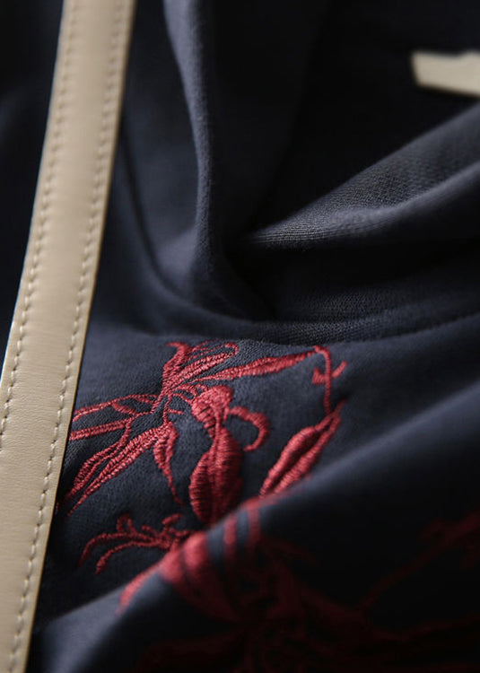 Navy Blue Embroideried Hooded Coats Long Sleeve