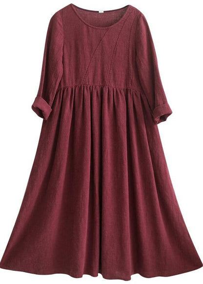 Wine Red O-neck Patchwork Spring Dresses