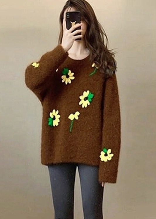 Unique Brown Oversized Lace Knit Sweater Tops Spring