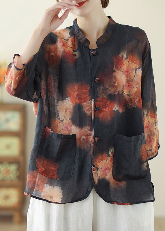 Black Mandarin Collar Print Linen Tops Spring