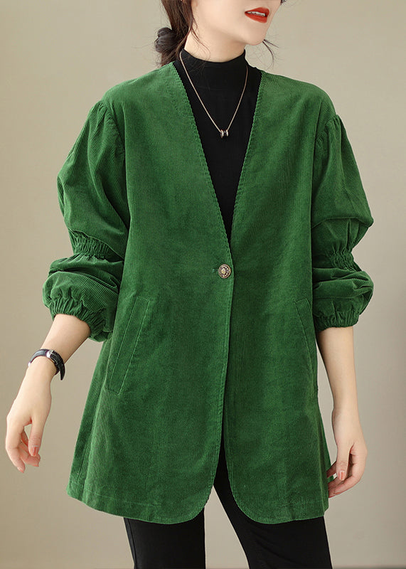 Green V Neck Button Pockets Corduroy Coats Fall