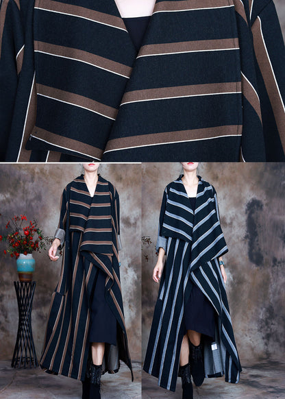 Chocolate Striped Woolen Trench Coats Pockets Spring