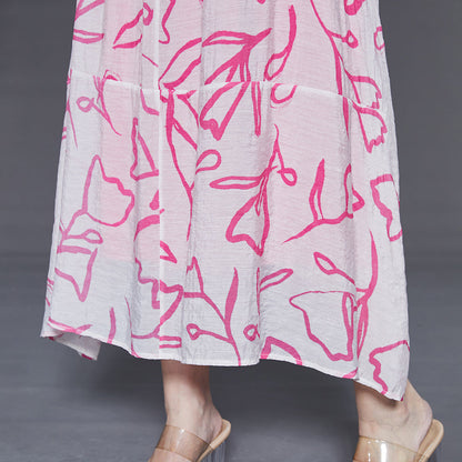 Pink Cold Shoulder Print Chiffoncotton Summer Dress