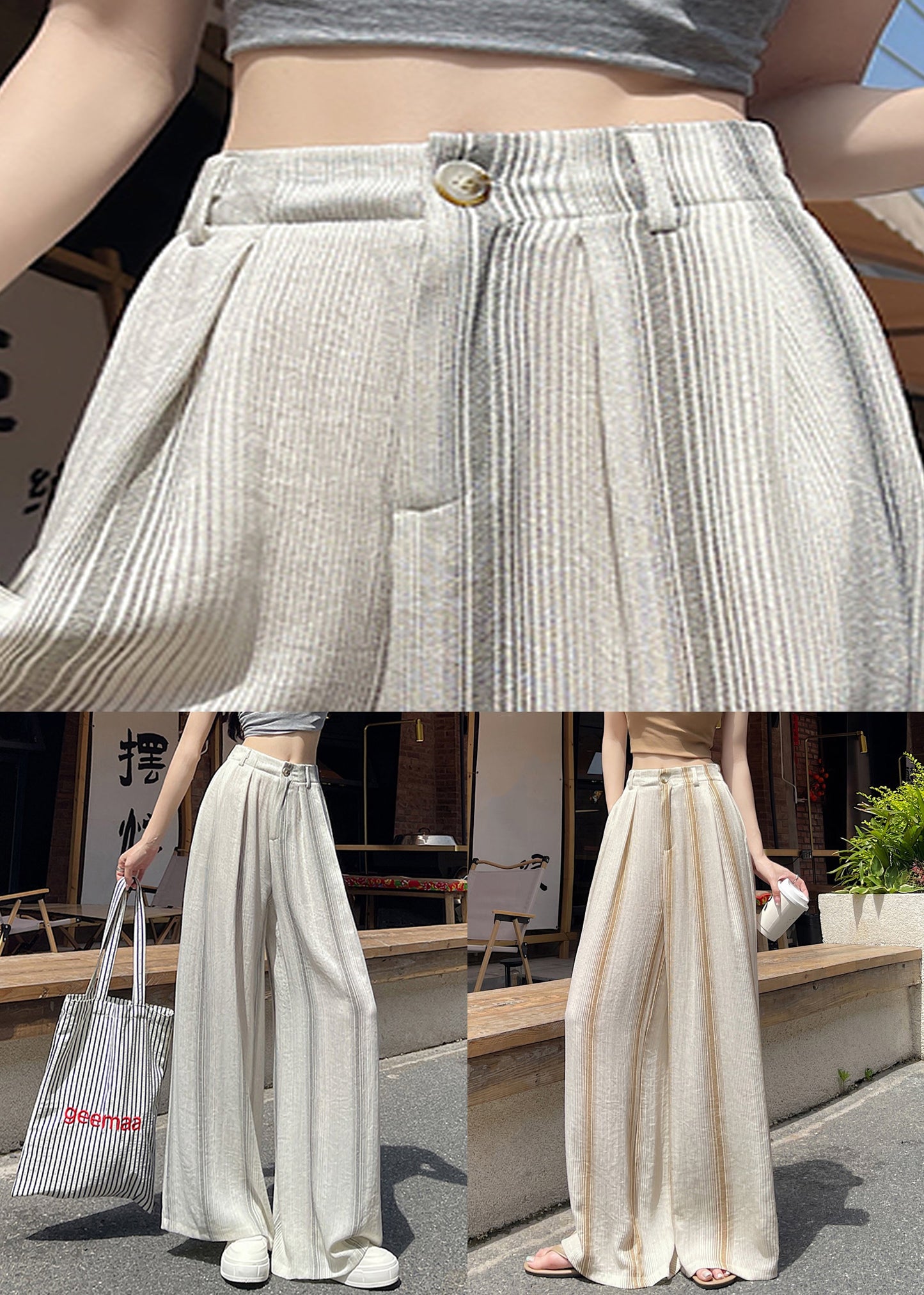 Grey Pockets High Waist Cotton Summer Pants Striped