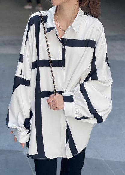 White Asymmetrical Striped Patchwork Cotton Tops Long Sleeve