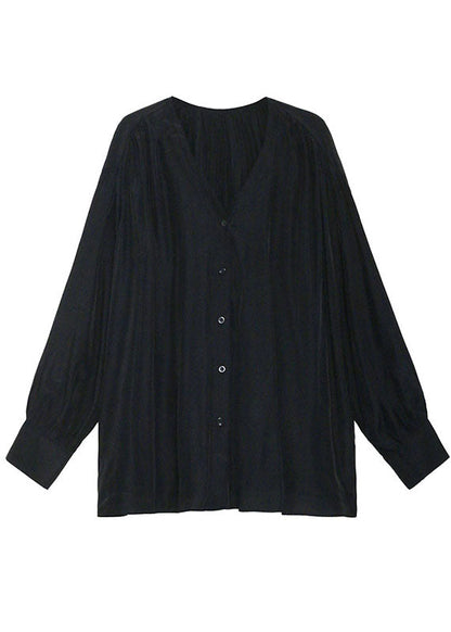 Organic Black V Neck Loose Button Fall Long Sleeve Shirt