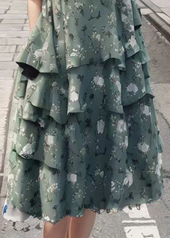 Slim Fit Green V Neck Patchwork Print Silk Maxi Pleated Dresses Summer