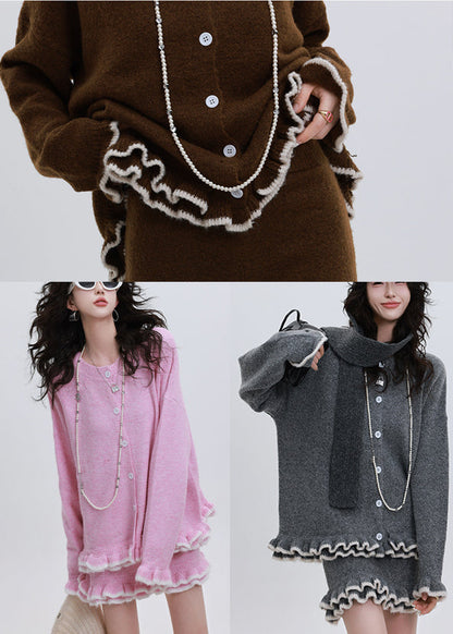 Chocolate Cozy Knit Cardigan and Skirt Two Pieces Set Ruffled Winter