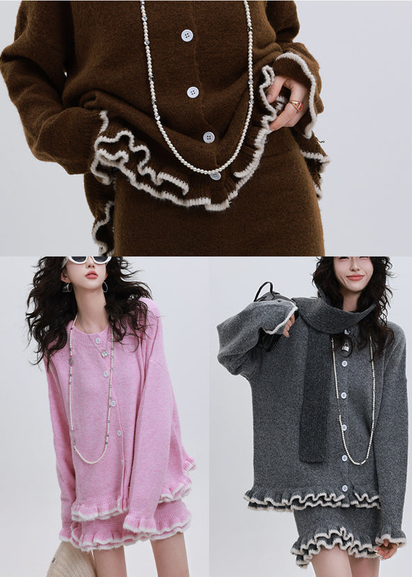 Chocolate Cozy Knit Cardigan and Skirt Two Pieces Set Ruffled Winter