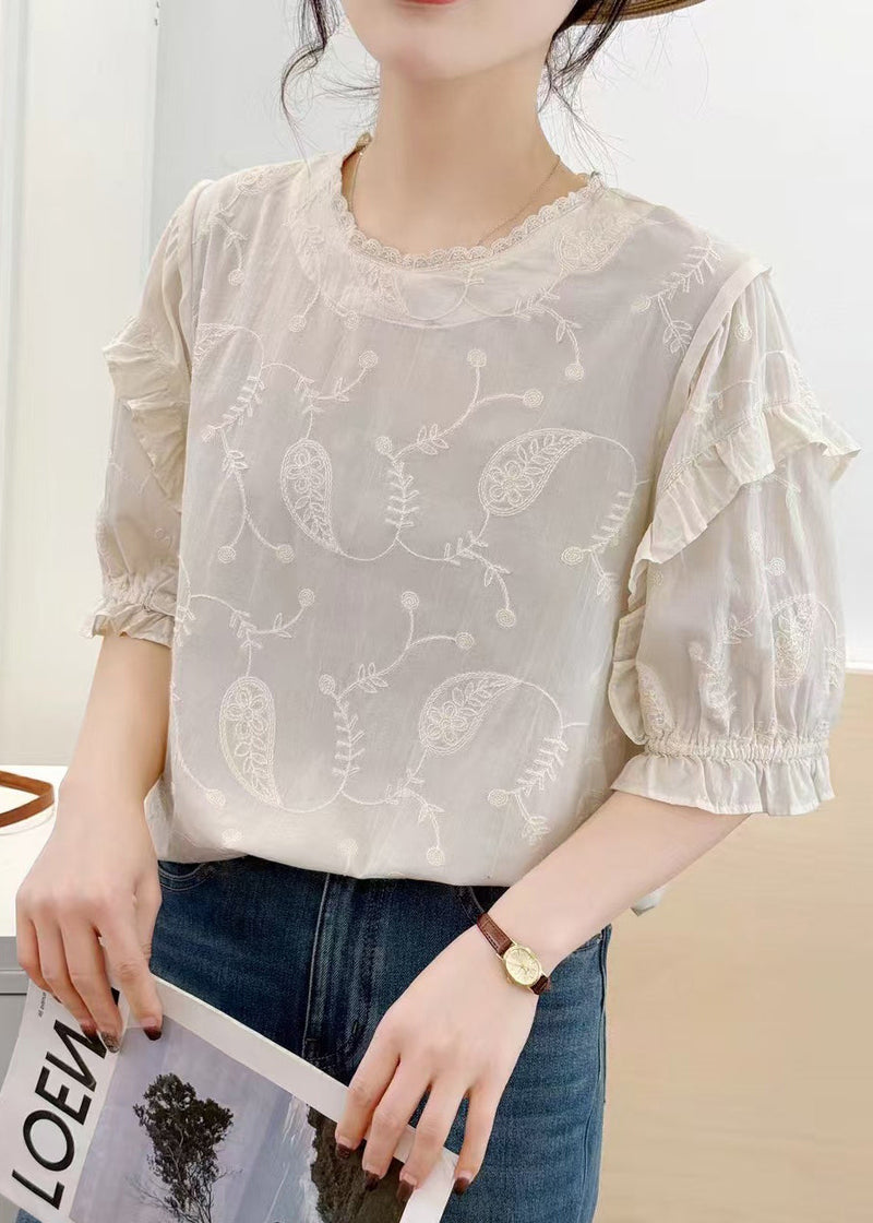 Beige Embroideried Cotton Tanks Summer