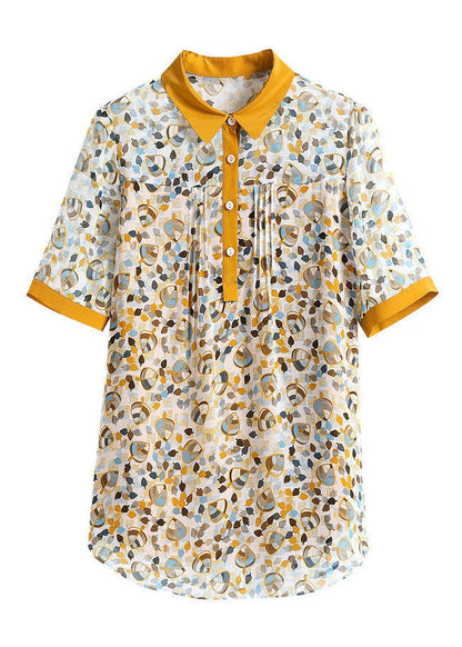 Yellow Peter Pan Collar Print Wrinkled Chiffon Blouses Summer