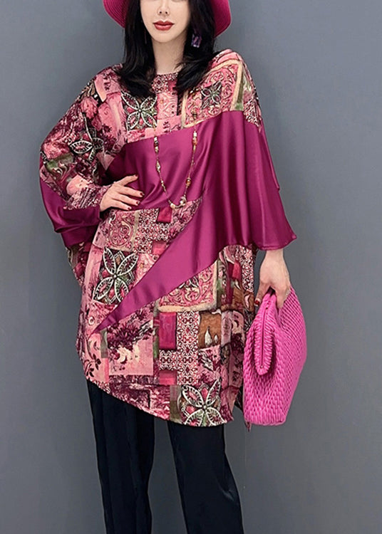 Red O-neck Print Patchwork Top Batwing Sleeve