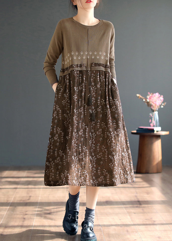 Coffee O Neck Print Patchwork Knitting Dress Fall