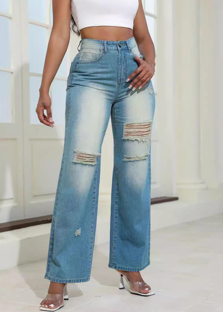 Stylish Blue Hole High Waist Denim Wide Leg Pants Summer