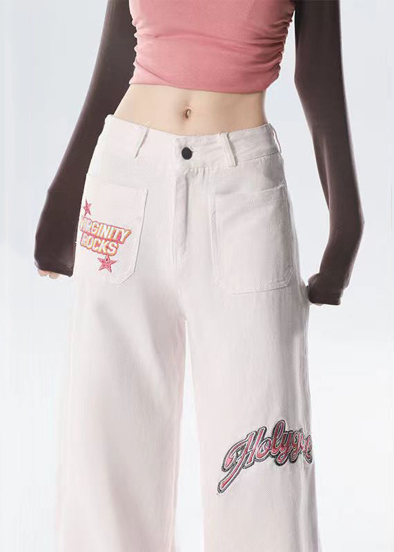 Gradient Pink Embroideried High Waist Denim Straight Pants Spring