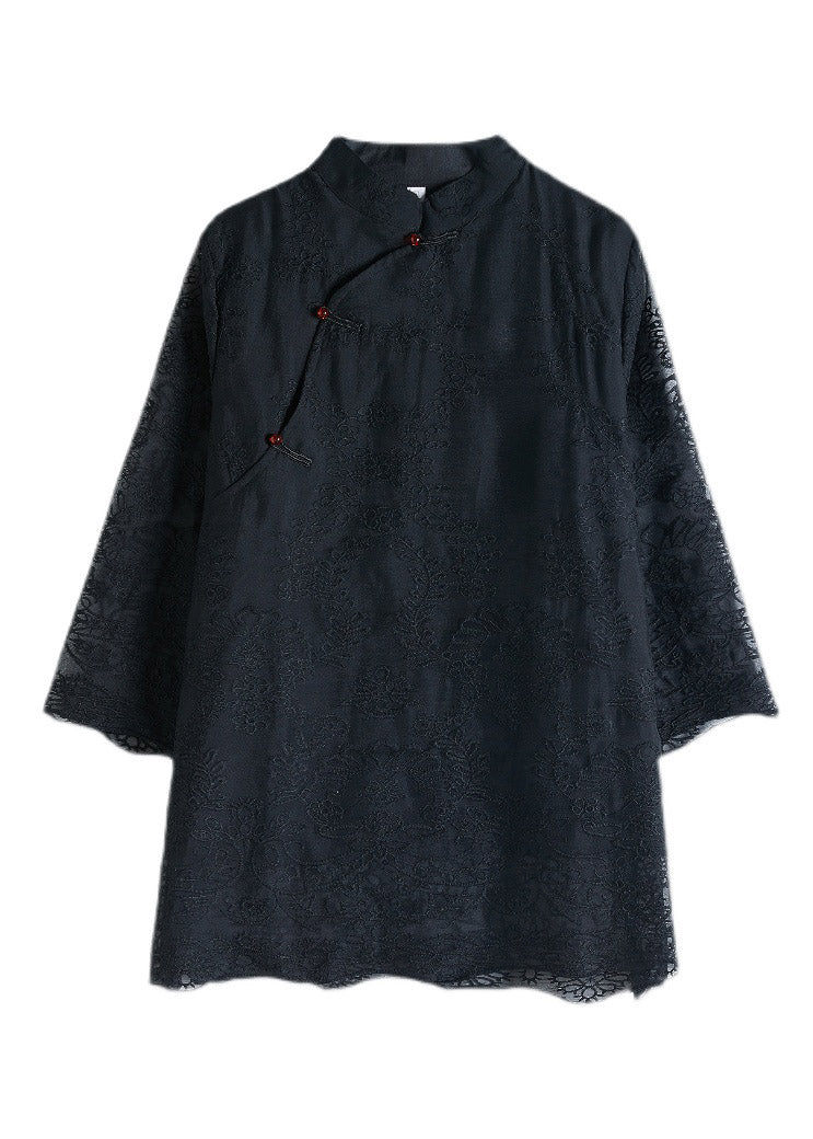 Black Stand Collar Embroideried Hollow Out Tops Half Sleeve