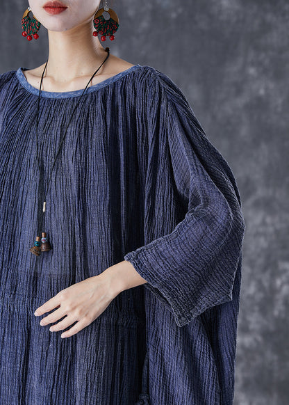Navy Oversized Drawstring Linen Long Smock Dresses Fall