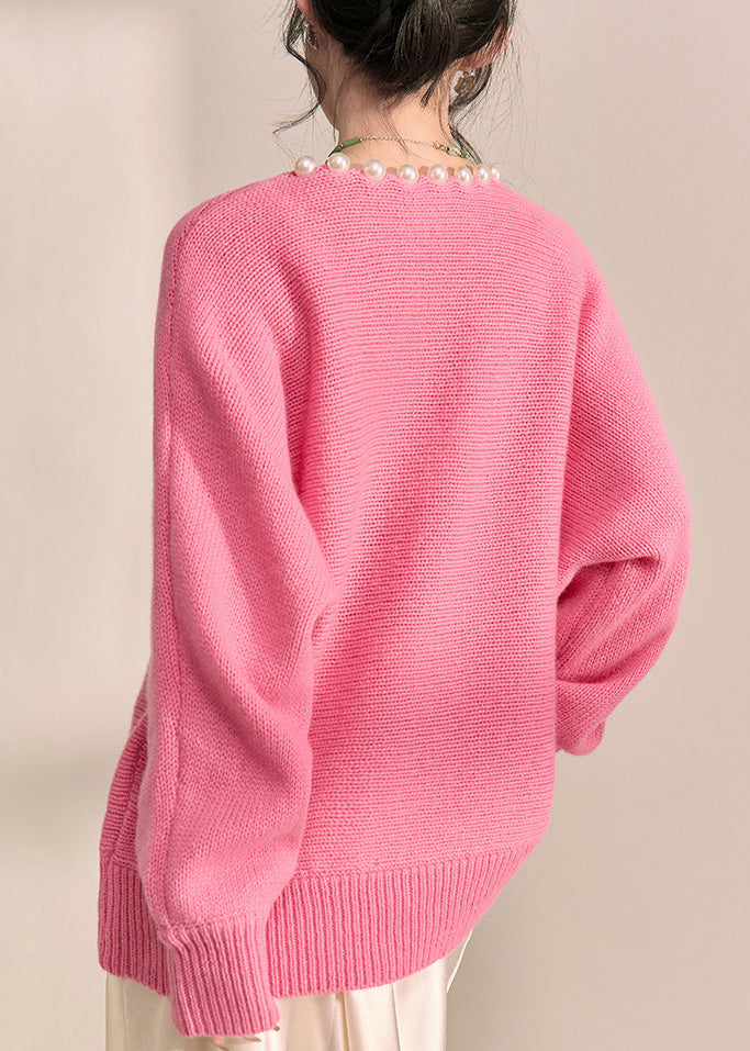 Brief Pink Thick Cotton Knit Sweater V Neck Pearl Lantern Sleeve Fall
