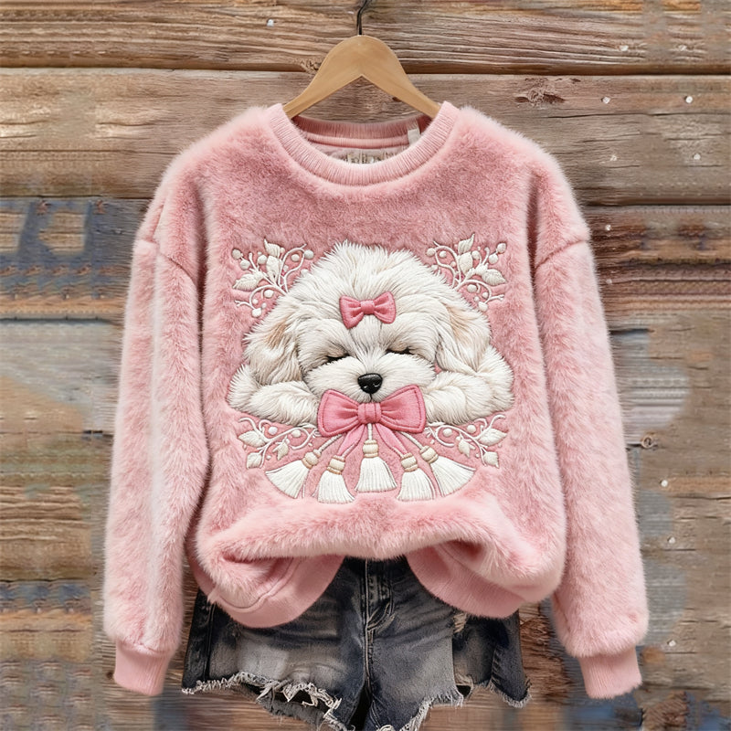 Comstylish Christmas Sleeping Dog Embroidered Cozy Plush Sweatshirt
