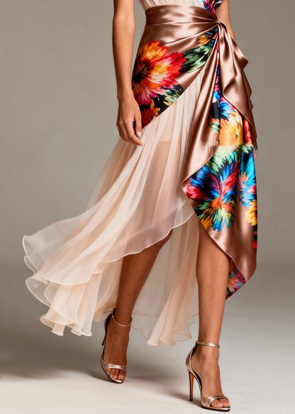 Asymmetrical Patchwork Tulle Silk Party Dresses Sleeveless Summer