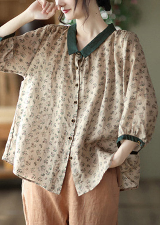 Brown Peter Pan Collar Print Button Linen Shirt Long Sleeve
