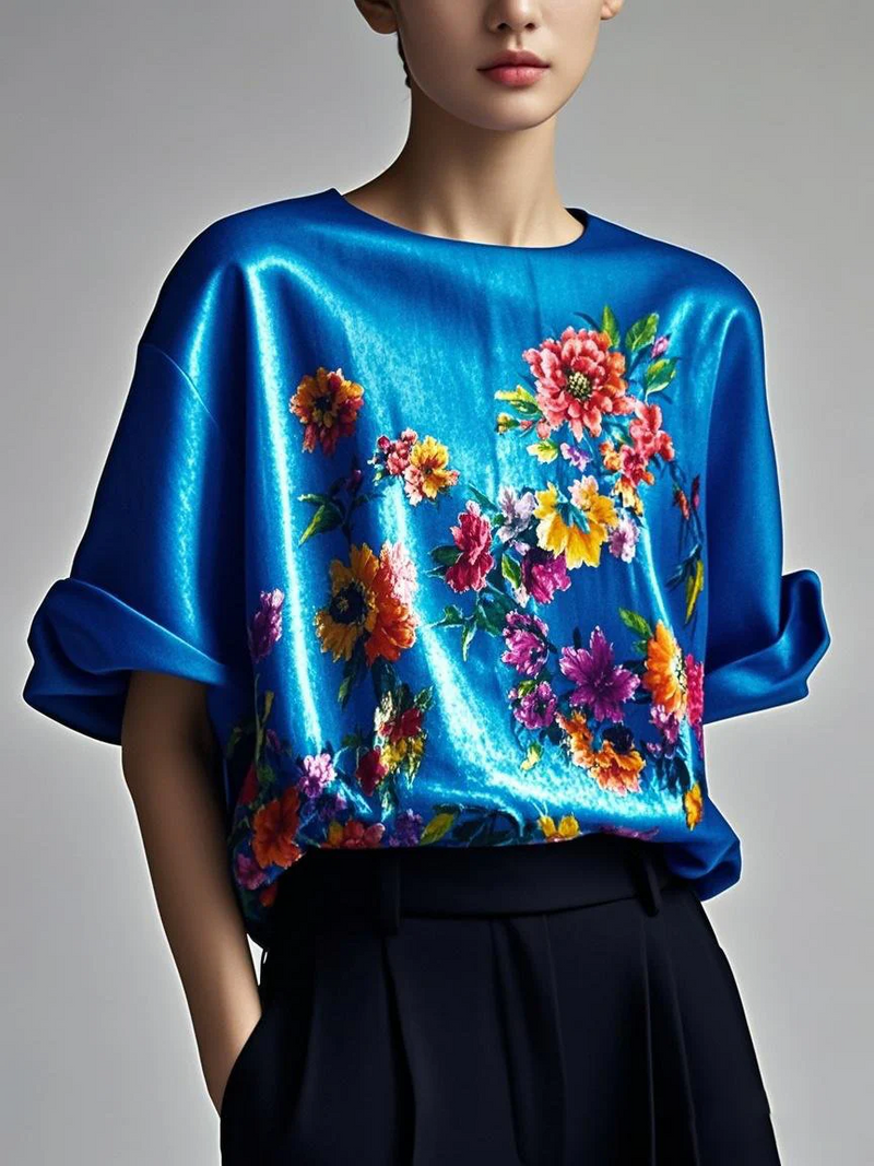 Fitted Pink Patchwork Silk Top Summer Short Sleeve