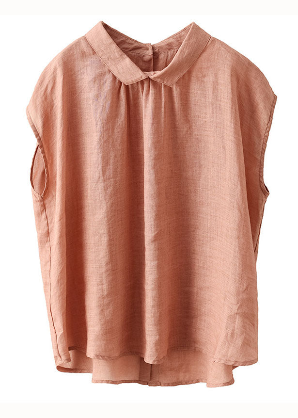 Orange Peter Pan Collar Patchwork Linen Blouses Summer