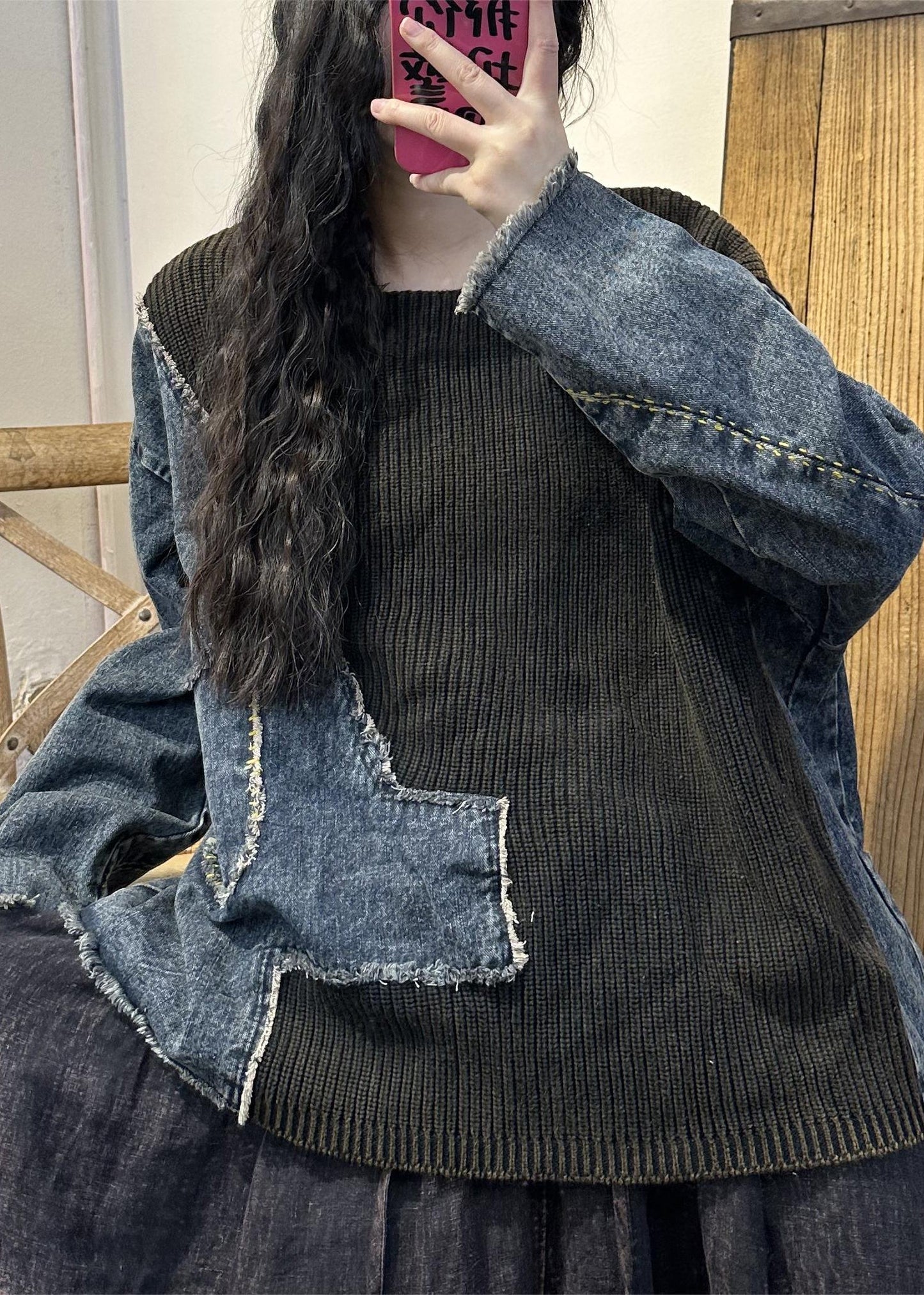 Red Asymmetrical Pockets Knit Patchwork Tops Fall
