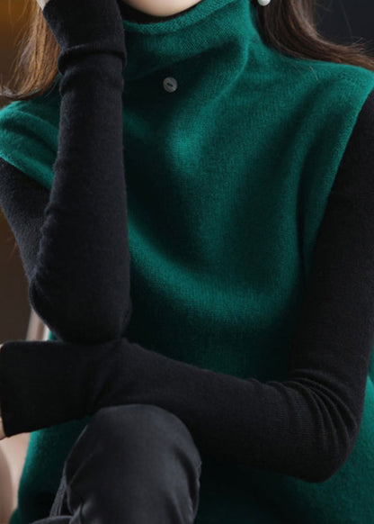 Stylish Blackish Green Turtle Neck Thick Woolen Knit Vest Sleeveless