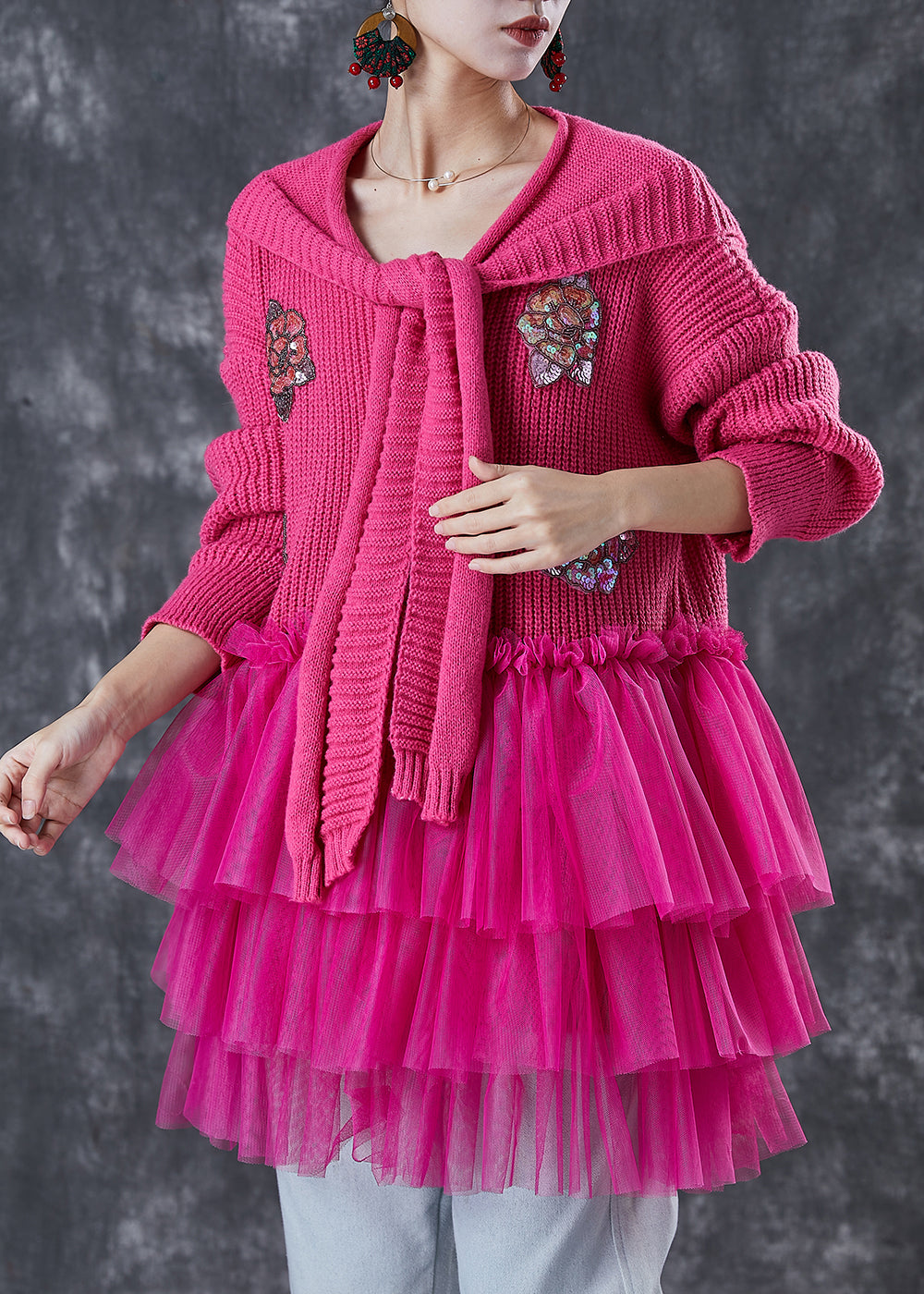 Rose Sequins Knit Sweater Dress and Shawl Two Piece Set Winter