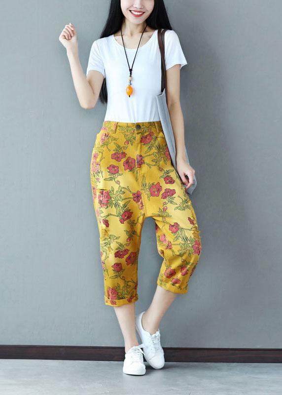 Yellow Button Pockets Print Fall Crop Pants Cotton