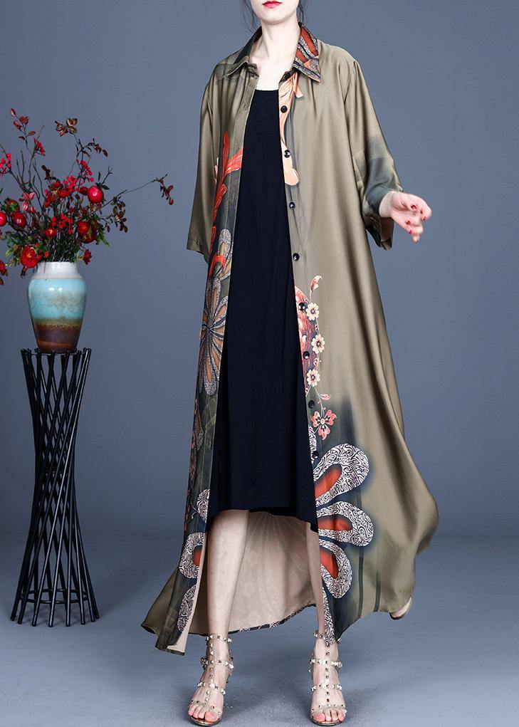 Loose Green Print Spring Long Sleeve Long Loose Coat