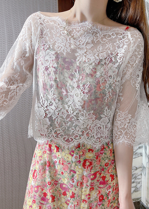 Style Black Slash Neck Hollow Out Lace Top Summer