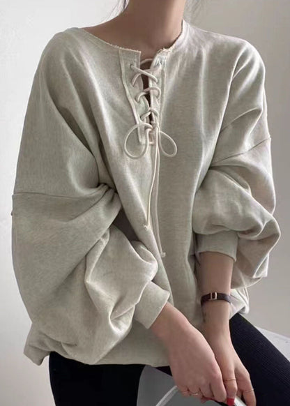 Grey O Neck Patchwork Cotton Top Lantern Sleeve