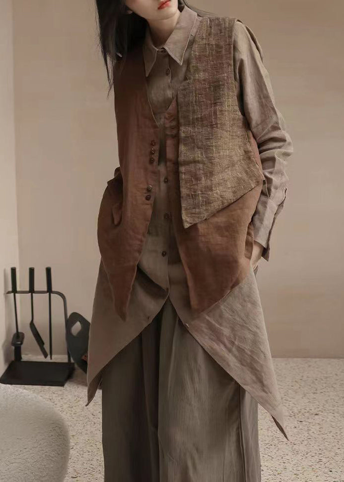Brown V Neck Asymmetrical Design Patchwork Linen Waistcoat Top Sleeveless