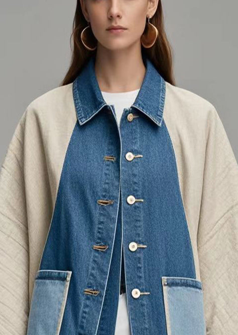 Colorblock Oversized Patchwork Denim Coat Outwear Batwing Sleeve