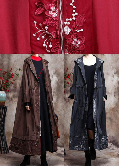 Italian Black Embroidery Coat Hooded Maxi Coats