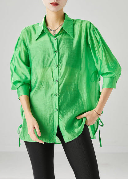 Fluorescent Green Lace Up Silk Blouses Fall