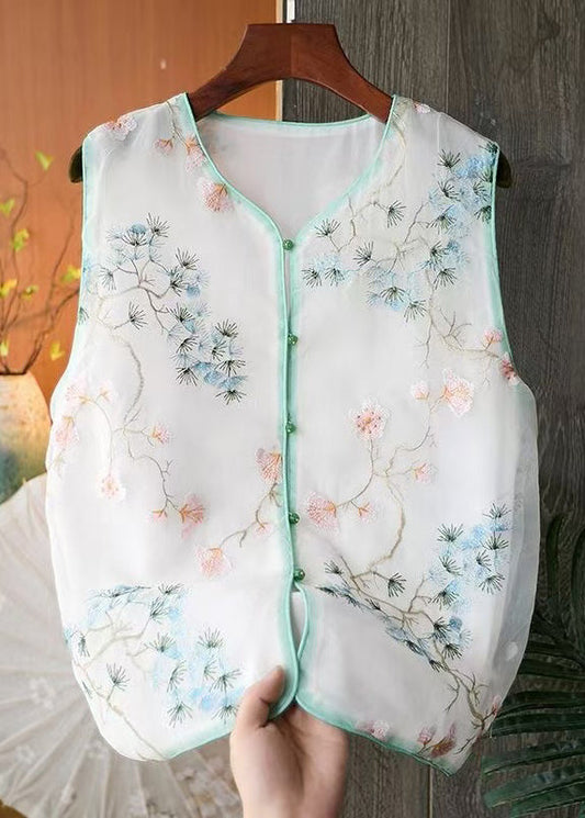 Fine White Embroidered Button Side Open Tulle Waistcoat Sleeveless