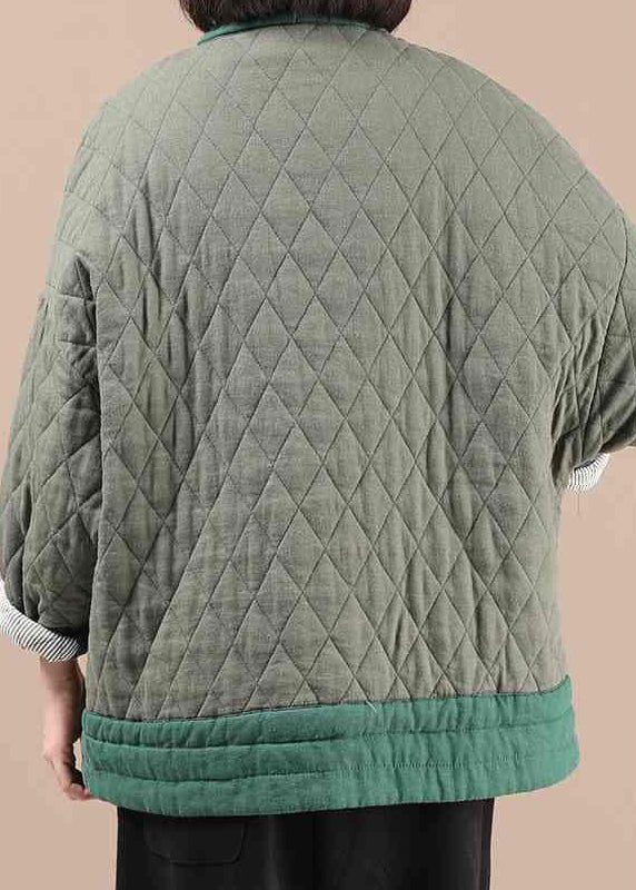 Green V Neck Pockets Fine Cotton Filled Jacket Winter