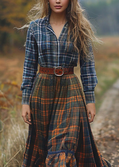 Pastoral Style Plaid Patchwork Cotton Dresses Long Sleeve Fall