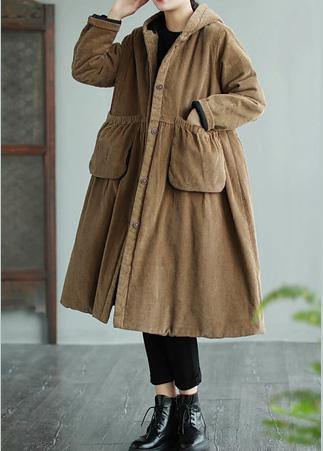 Modern Hooded Pockets Maxi Coat Khaki Daily Outwear