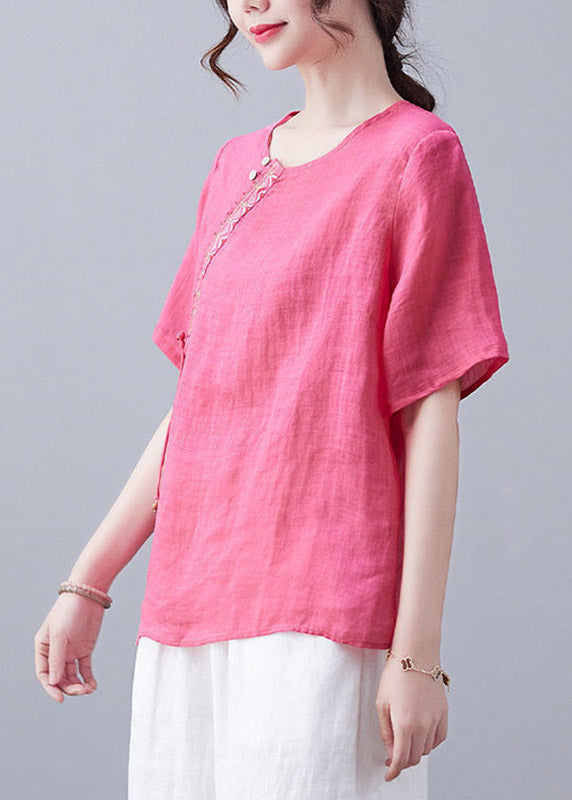 French Rose O-neck Embroideried Linen T Shirt Short Sleeve